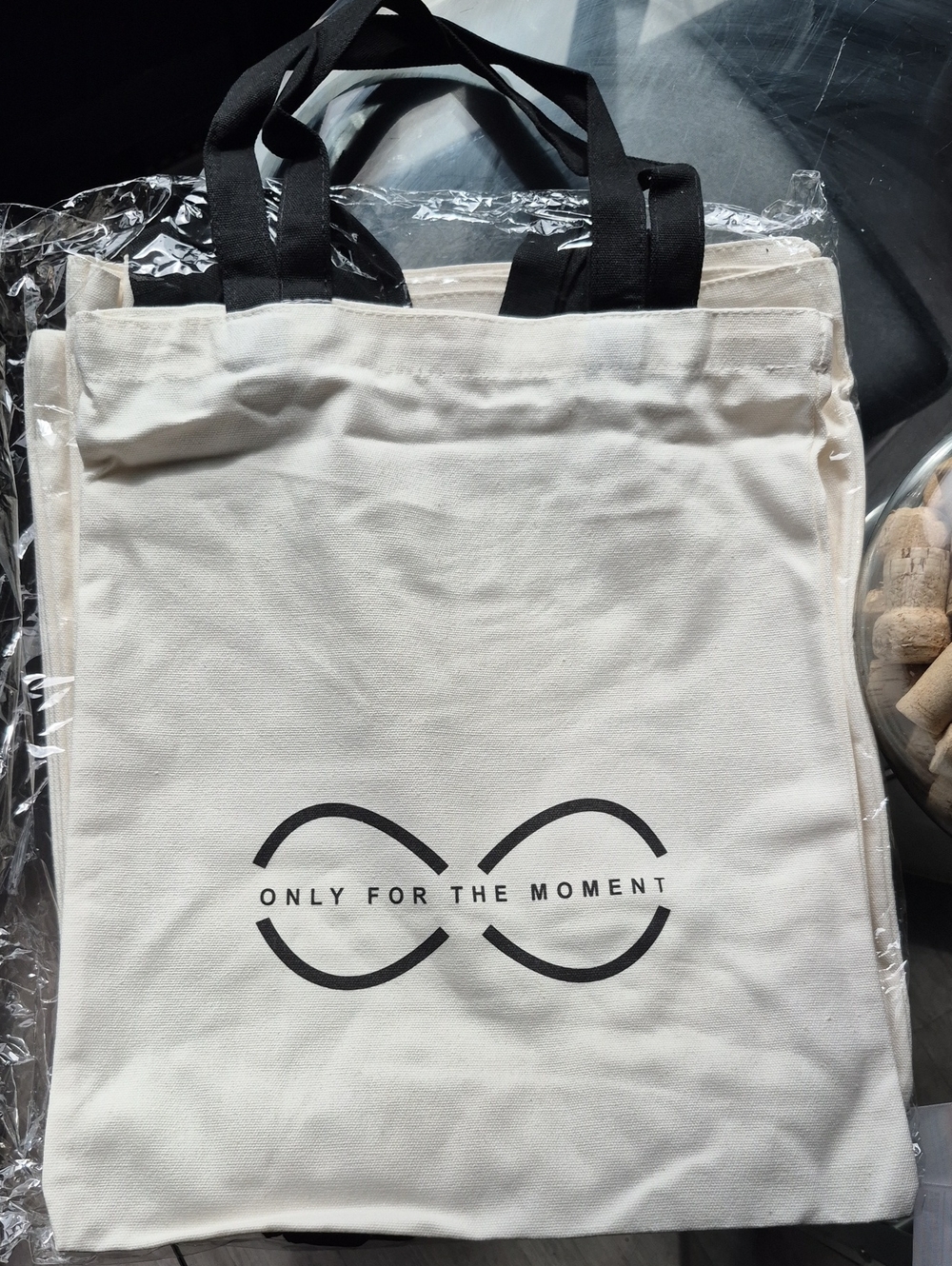 Canvas Tote Bag with 'Only For The Moment' Print - Cream with Black Handles